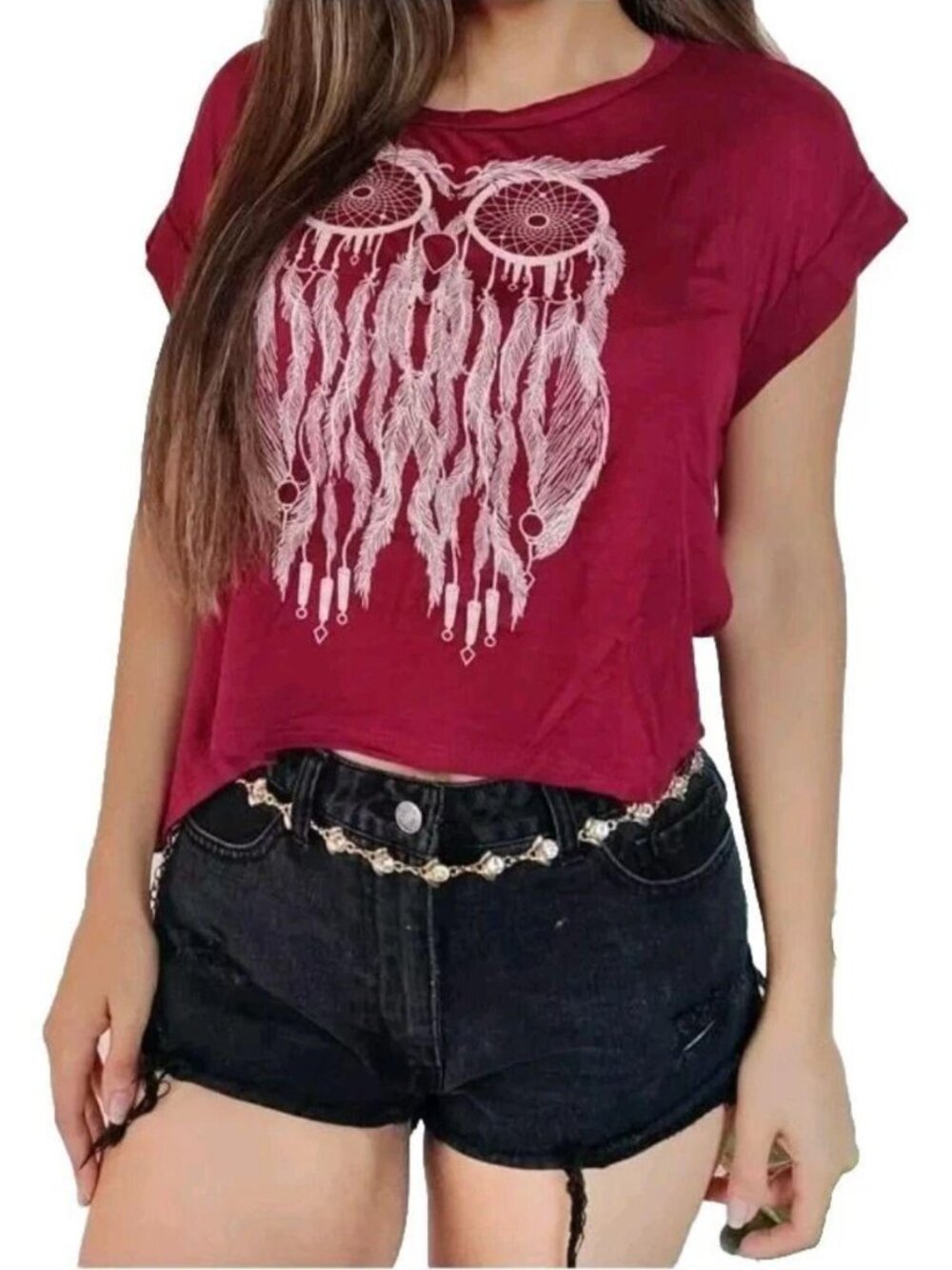 Wild Blue Burgundy Graphic Print Crop Top Relaxed Fit Cap Sleeve